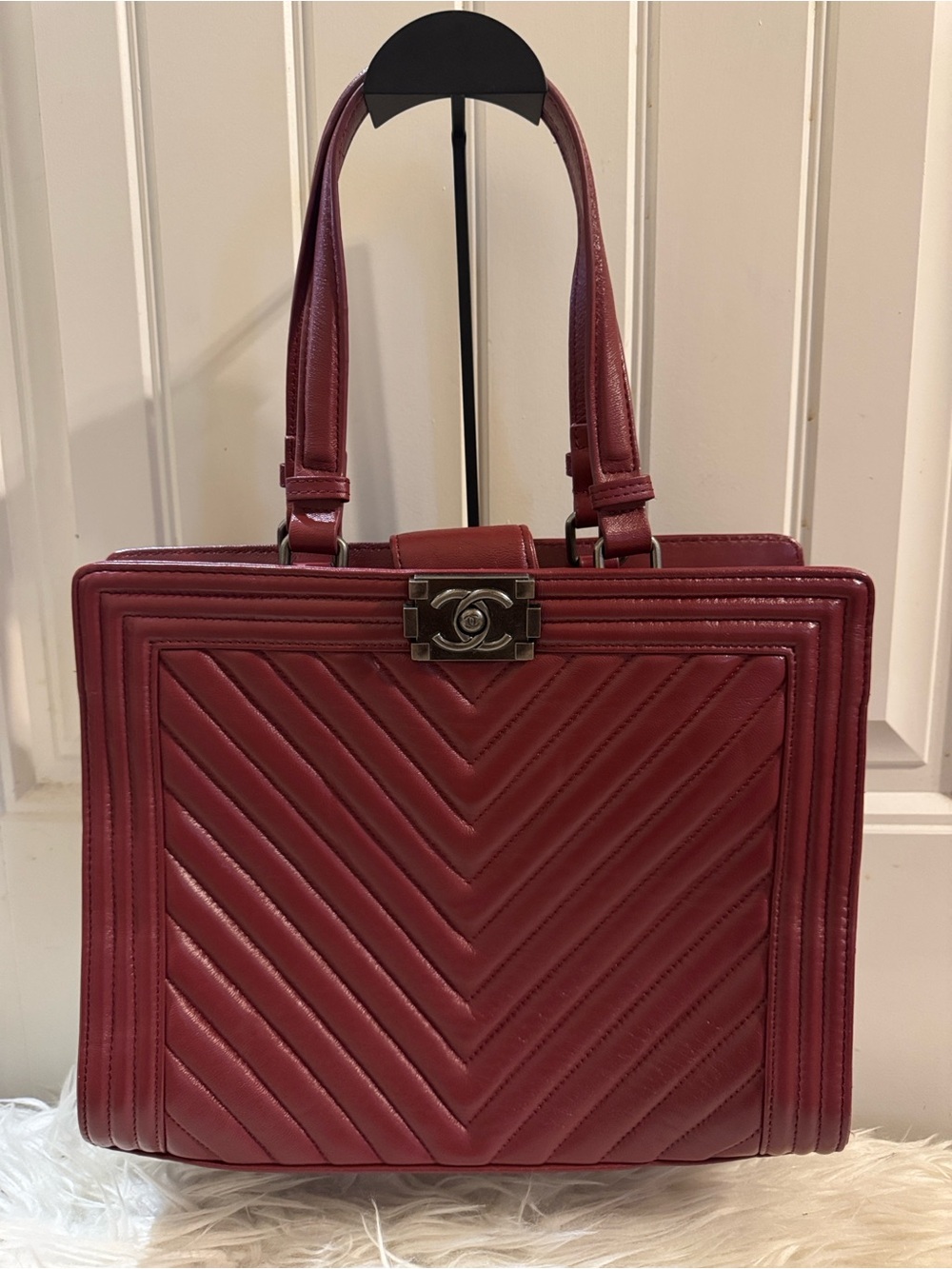 Burgundy Chevron Quilted Tote with Metal Turn-Lock chanel